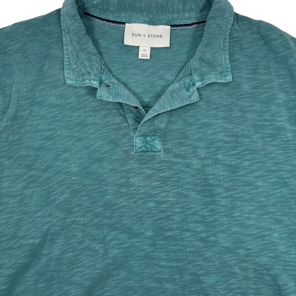 Sun + Stone Mens XL Polo Shirt Aquatic Blue Slub Knit Short Sleeve Cotton Preppy